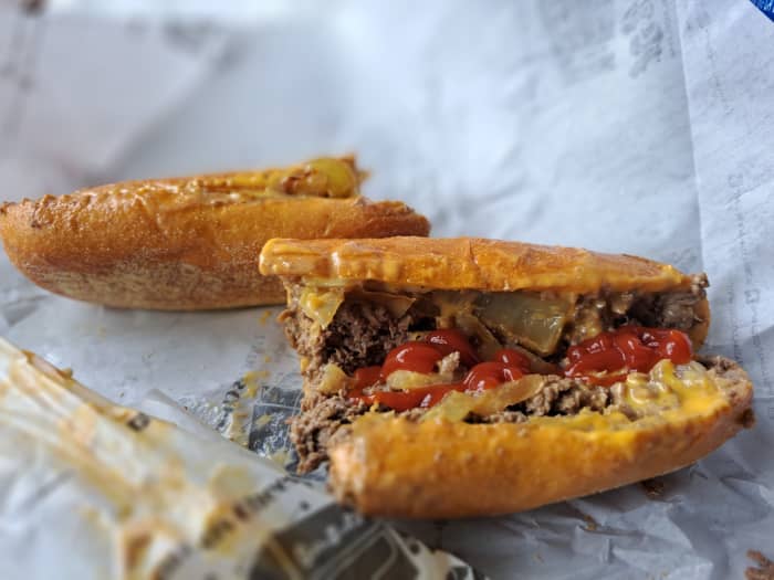 Jim's Philly cheesesteak: steak, onions, and Cheez Whiz. As simple as it gets.