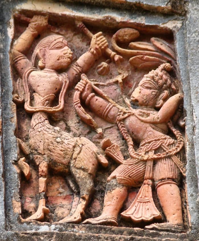 Lord Rama killing Maricha, the demon in the guise of a deer; Tales from the Ramayana; terracotta bas-relief; Charbagnla temple; Baronagar, Murshidabad