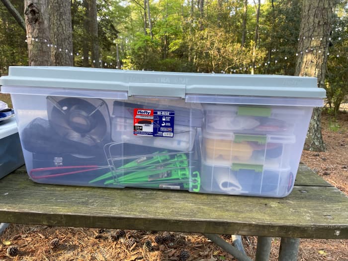 This is our main storage tub. It has several smaller containers that nest inside. It makes for much easier packing and storage.