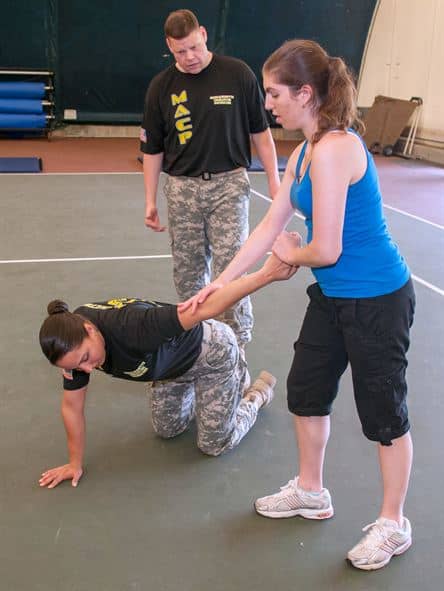 Controlling the attacker in some way is an important self defense principle. Unless, total escape is possible and prudent.
