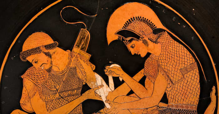 Sosias, Achilles Binding Patroclus’ Wounds, 500 BCE. Kylix Vase, 32x 32 cm. Reproduced from: Altes museum, Berlin.