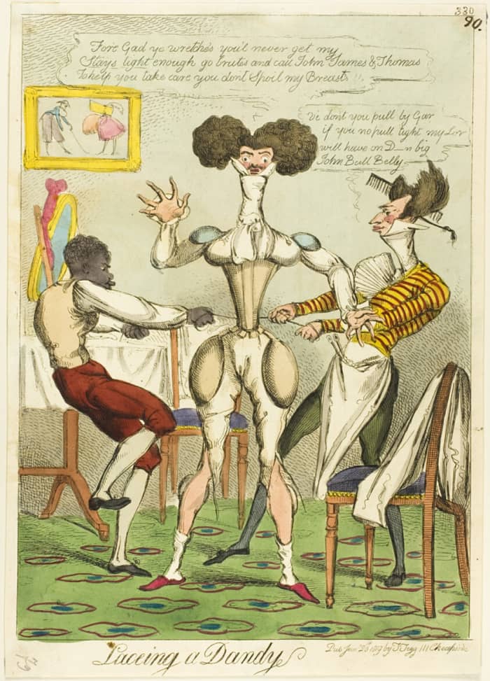 Thomas Tegg, Laceing a Dandy, 1819, hand-colored etching, size 33.5 x 21.3 cm. Rogers Fund and The Elisha Whittelsey Collection, The Elisha Whittelsey Fund. Reproduced from https://www.metmuseum.org/art/collection/search/384283.