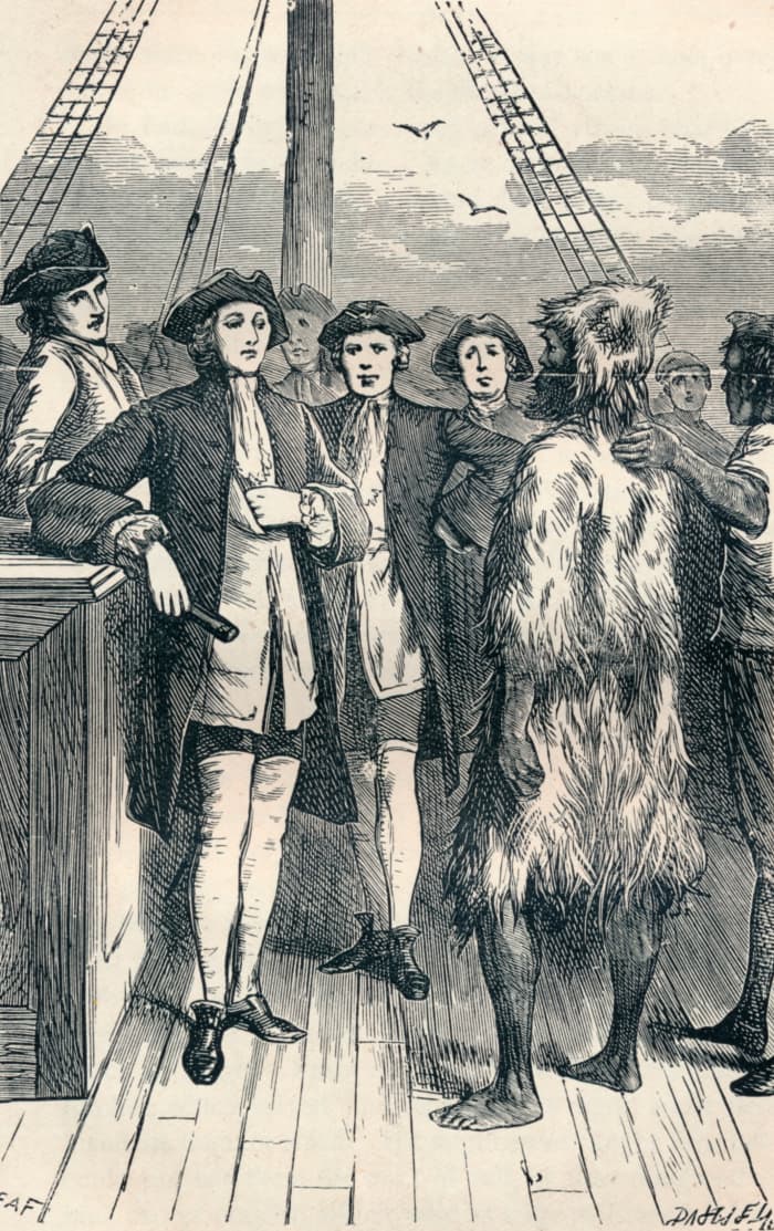 Alexander Selkirk (1676-1721) was greeted by Woodes Rogers, the captain of the Duke, upon his rescue.