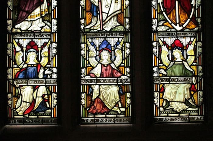 The memorial window dedicated to Grace Darling at St. Aiden's Church in Bamburgh, Northumbria.