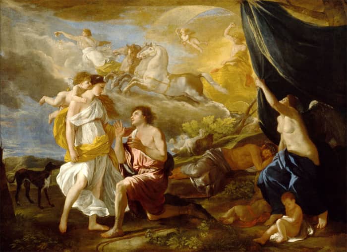 Selene and Endymion by Nicolas Poussin. In Greek mythology, the moon goddess was hopelessly in love with the beautiful shepherd.