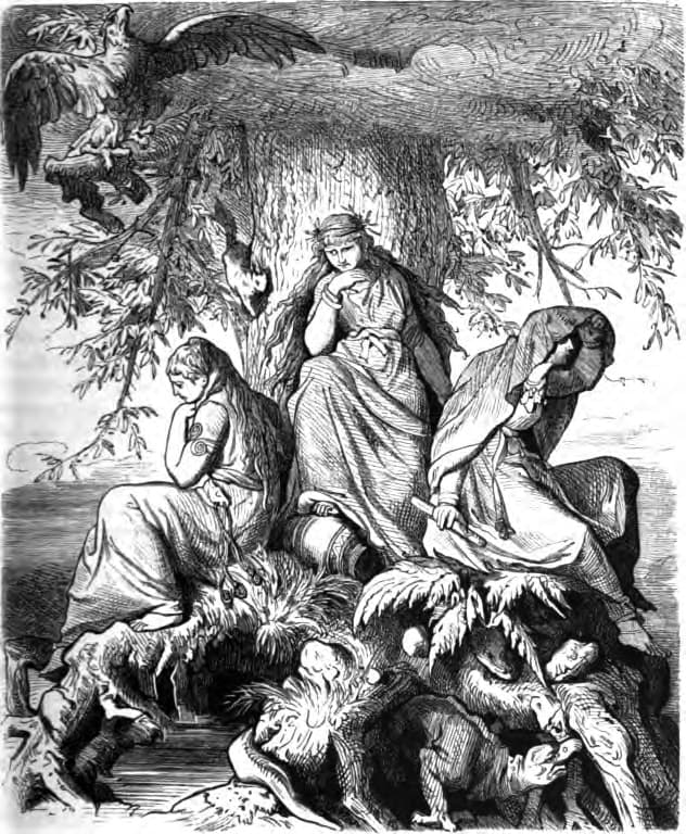 The Norns Urðr, Verðandi, and Skuld from under the world oak Yggdrasil (1882) from the artwork by Ludwig Burger.