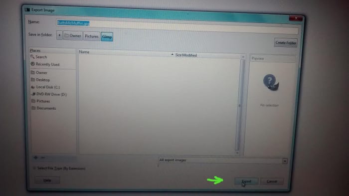 The export screen. The image name is highlighted in blue, and the export button is in the bottom right (the green arrow).