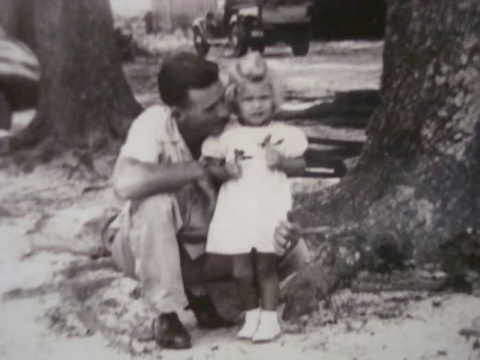 Me with my Uncle Brice on my grandparents' farm. Uncle Brice was a POW during WWII. This pineapple upside-down cake was his favorite.