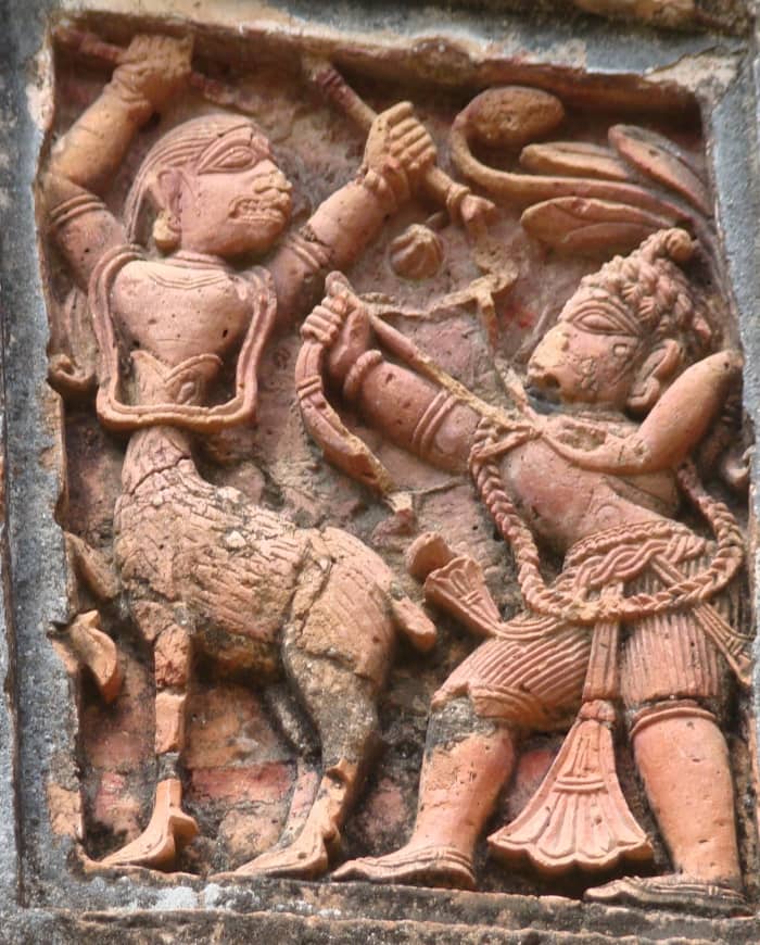 Lord Rama killing the demon Maricha in the guise of a golden deer. Terracotta; Charbangla temple; Baronagar, district Murshidabad.