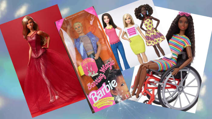 Laverne Cox's doll, Earring Magic Ken, dolls featuring diverse ethnicities and body types, and a doll that uses a wheelchair