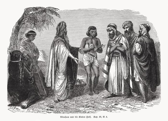 A wood engraving depicting Abraham's request to build a tomb for his wife Sarah on land belonging to the "children of Heth", one of whom is referred to as "the Hittite".