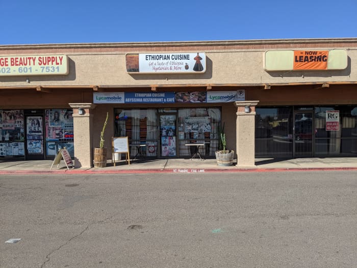 Abyssinia Restaurant and Cafe located in strip mall at NW Corner of Indian School and 9th Street in Phoenix, AZ