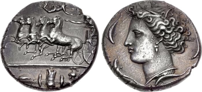 Syracuse silver decadrachm coin, c. 404 – 390 BC.
