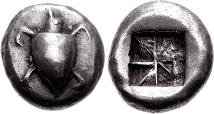 Silver stater of Aegina, c. 550 to 530 BC. The obverse features a sea turtle, and the reverse consists of an incused punch mark.