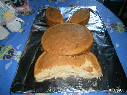 Our Easter Bunny Cake Is now ready for the children to decorate. Before they start frosting, remove all the cumbs