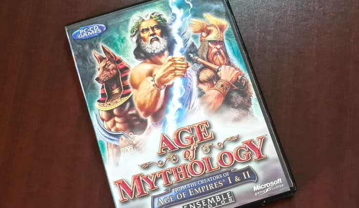Zeus and his formidable lightning bolt take center stage on the cover of Ensemble Games’ Age of Mythology.
