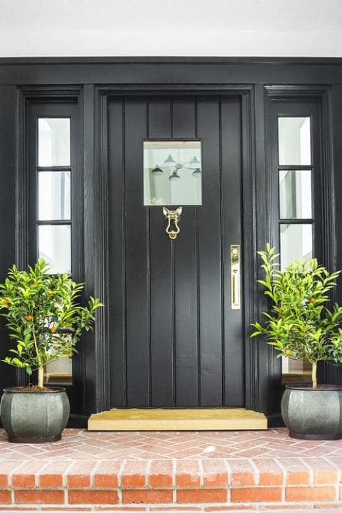 Similar to this dark black gray front door paint makes a dramatic statement against light siding or wood.