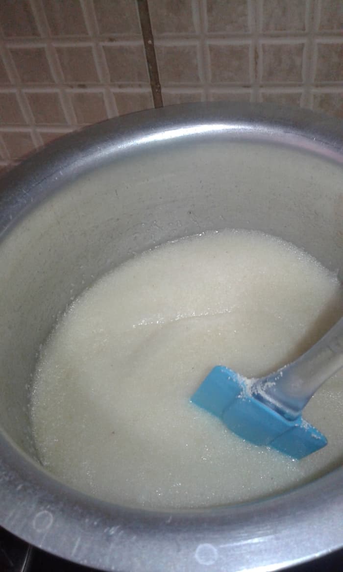 Gradually add semolina and stir continuously to avoid lumps. Cook it on medium flame until it thickens like upma or halwa.