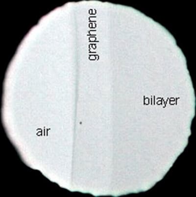 Photograph of a suspended graphene membrane in transmitted light. This one-atom-thick material can be seen with the naked eye because it absorbs approximately 2.3% of light.