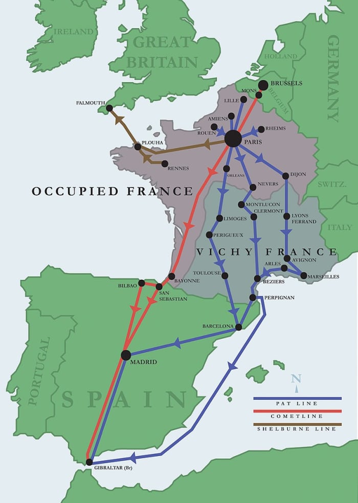 A map of various World War 2 escape lines used to sneak Allied airmen out of occupied Europe. The Comet Line is in red.