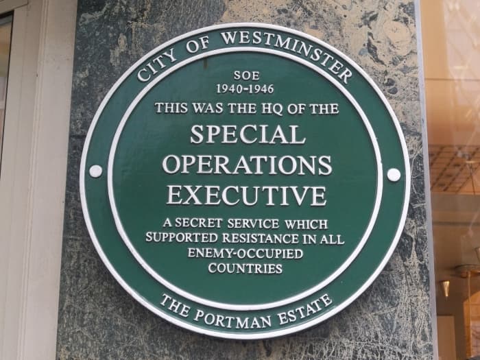 SOE plaque outside of the organization's headquarters in Marylebone, London, England. Photograph by Jamie Barras.