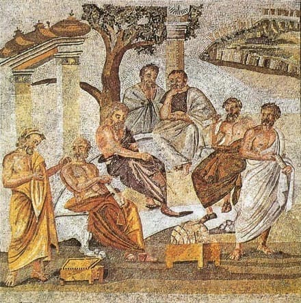 First century BCE Roman mosaic of Plato's Academy mosaic. The mosaic has been interpreted as having the central figure, Plato, pointing with a stick at the globe.