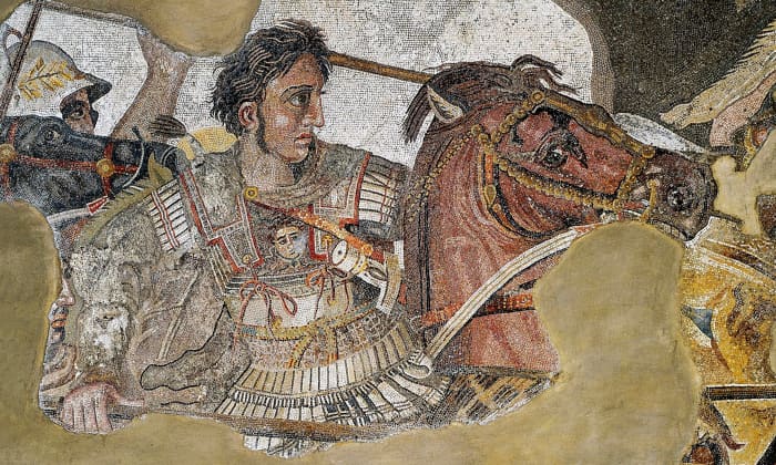 Detail of a floor mosaic depicting Alexander excavated in House of the Faun, Pompeii, Italy. Circa 100 BCE.