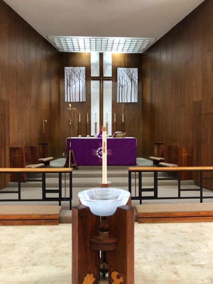 Here you can see the Lent/Easter altar decorations we created using foam core panels and acrylic paint