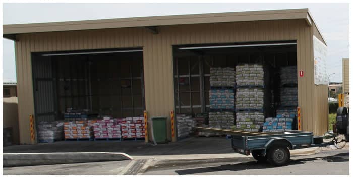 There are many types cement deposited in this shed, there are ready to mix bags where all you need to to is to add water, but the most important supply for trades people is the plain Portland cement bags that can be used with many different materials