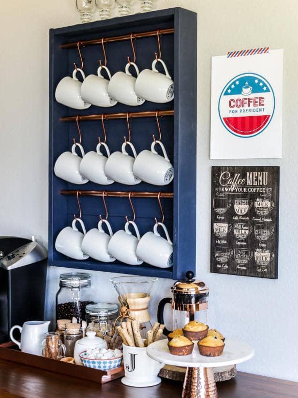 Grab some the wood will work) and some hooks for this basic build. Then, to show your mugs, hang them on the display.
