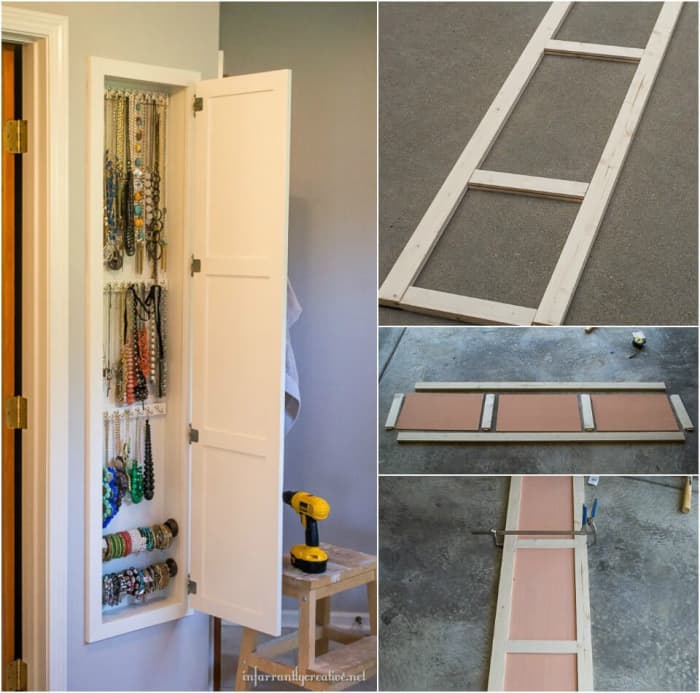 This easy-to-assemble wall-mounted jewelry box is inexpensive and can be customized to suit your needs.