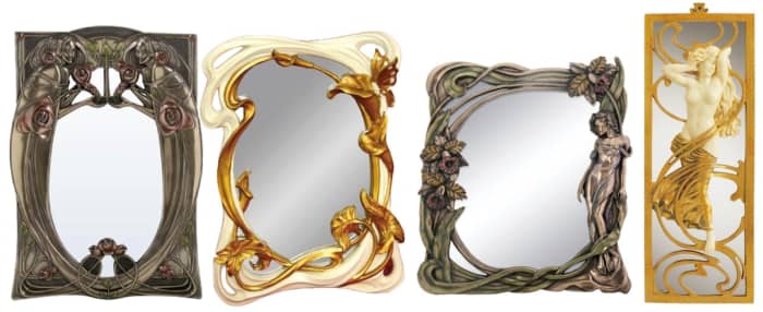 Left to Right: Art Nouveau Women and Roses Rectangular Wall Mirror, 13 Inch Standing/Hanging Hand Painted Art Nouveau Butterfly Mirror, Art Nouveau Orchid Mirror, Design Toscano Parisian Salon Art Nouveau Mirror.