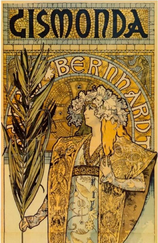 A detail from the poster that started it all. Sarah Bernhardt as Gismonda, by Alphonse Mucha. Available in a variety of sizes and formats at