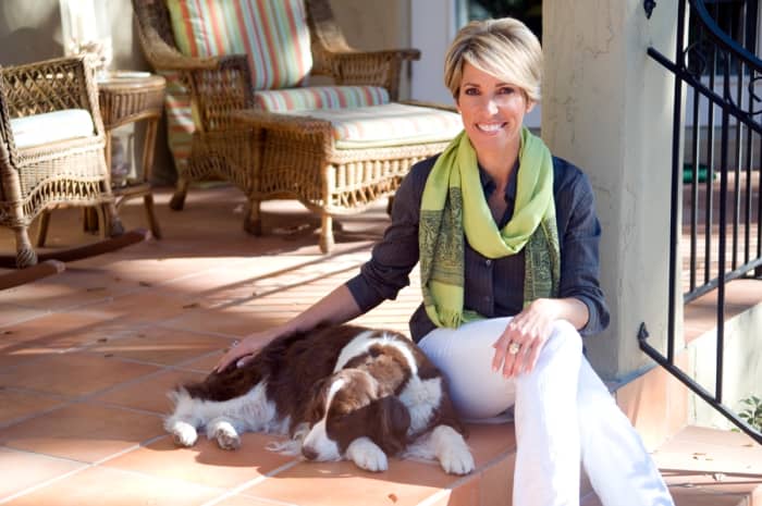 HSN's Judy Crowell formerly of QVC fashionably dons a casual pashmina while at home with her dog