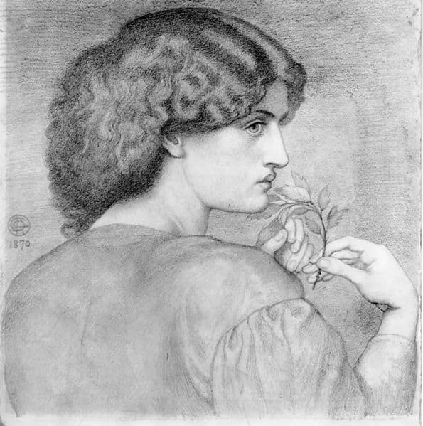 The Roseleaf by Dante Gabriel Rossetti. Depicting Jane Morris with whom Rossetti was in love. The remote, melancholy tenor of the image seems to foreshadow their doomed affair.