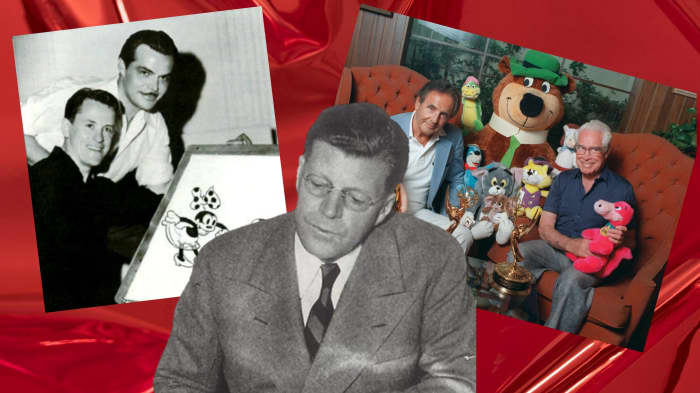 From left to right, Hugh Harman, Rudolph Ising with Honey, Fred Quimby, Joe Barbera and William Hanna
