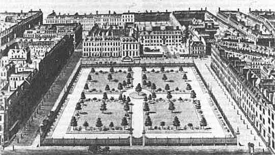 Leicester Square in 1750, looking north. The large house set back behind a forecourt at the north east corner is Leicester House, then the residence of Frederick, Prince of Wales, 1750
