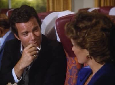 Suave Stuart Peters (William Shatner) lures Paula Harvey (Yvette Mimieux) into his web of lies sans pornstache