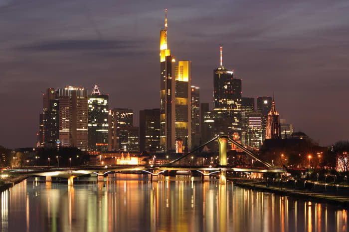 Frankfurt skyline at night. Author Nicolas 17 and published under Creative Commons Attribution ShareAlike 2.5 licence.