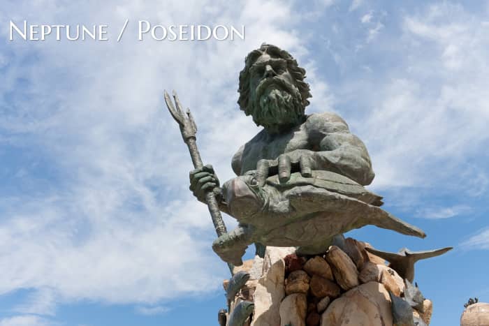 Neptune was the god of the sea in Roman mythology. Poseidon was the god of the sea in Greek mythology. The god was also known for spring waters, earthquakes, and horses. He carried a trident with him.