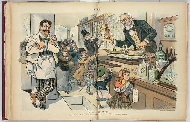 On the pharmacy counter are remedies labelled cocaine, strychnine, opium, and arsenic. The eager customers line up for bottles of “Bracer” while a sign on the wall states “The Killem' Quick Pharmacy.”