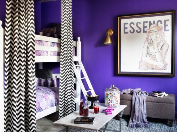 Transform a simple bunk bed with ceiling-mounted hardware, floor-to-ceiling drapery panels, and a fresh coat of paint to add designer flair to a kids' home.