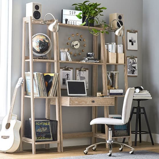 With our space-saving wall desk bookcase, you can keep your essentials organized. It has a large desktop with plenty of workspace, as well as drawers and shelves to keep things tidy.