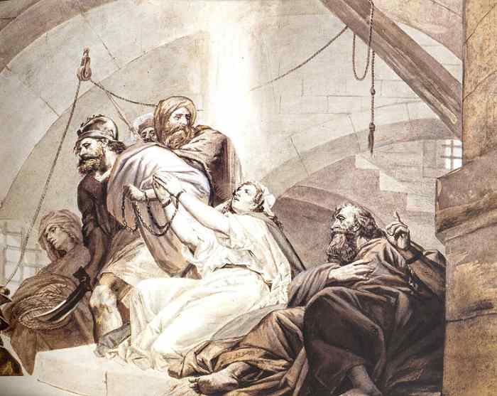 St. Simon, St. Thaddeus, St. Sandukht and other Christians in Sanatruk's prison by Fusaro (19th c.) - Armenian History of Italian Art