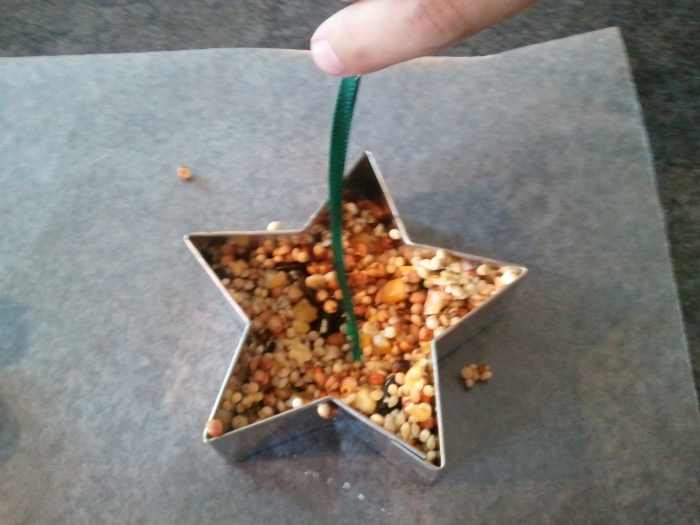 Holding the knotted end in the cookie cutter, fill the rest of the cookie cutter with the seed mixture.