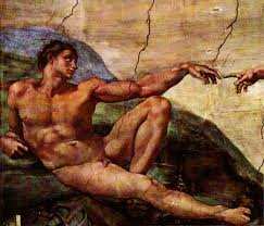 God created Adam from plain dirt, at least that what the Bible says. This is how Michelangelo painted Adam in one of his paintings.