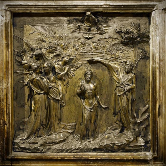 Figure 2: Lorenzo Ghiberti, Baptism of Christ. 1378-1455, Gilt bronze, 45 x 52 cm. Reproduced from: fifth panel of the North Doors of the Baptistery of San Giovanni. https://www.wga.hu/html_m/g/ghiberti/various/baptism1.html.