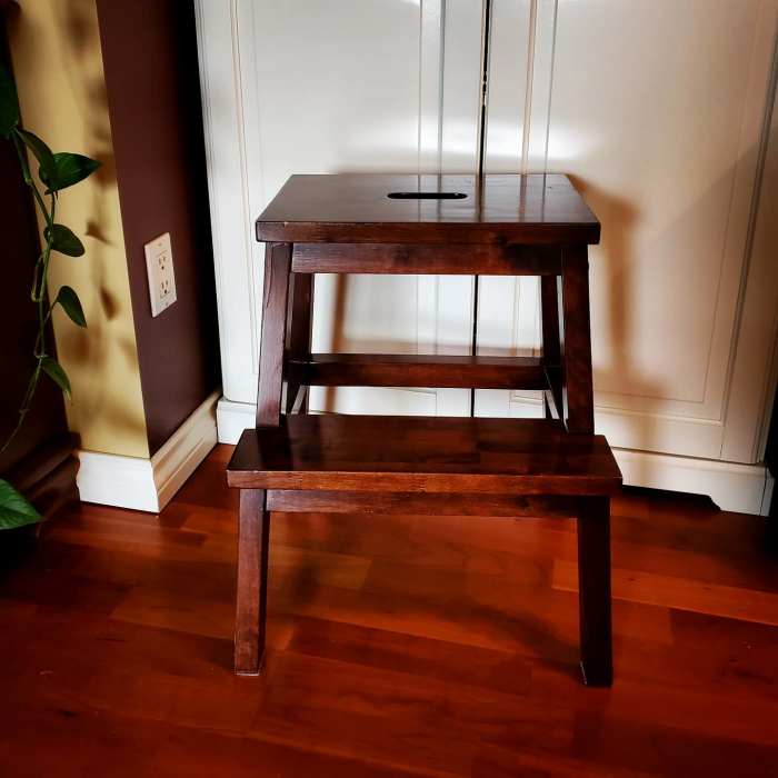 The Portable Stool. This step-stool is not only to reach for things up high, it can be used as a seat and an occasional table.