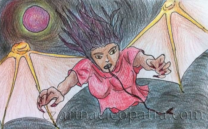 The 'aswang', also known as 'manananggal', is depicted as a woman with a half body and giant bat wings. Her thread-like tongue is used to suck babies while still inside the mother's womb.