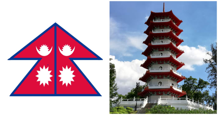 The shape of the banner also represents the two major religions of Nepal. When being mirrored, it generates an image resembling a pagoda.